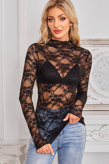 Mock Neck Long Sleeve Lace Sheer Top