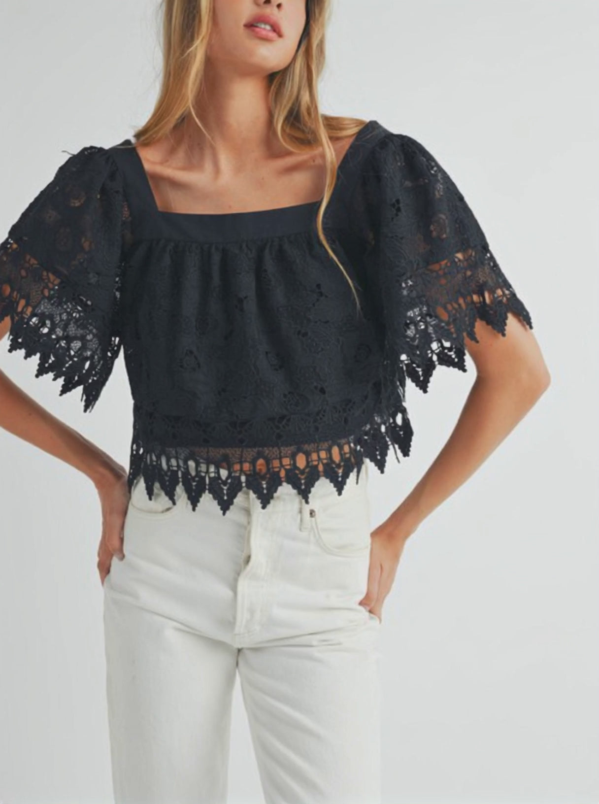 Square Neck Crochet Lace Top With Double Bow Tie